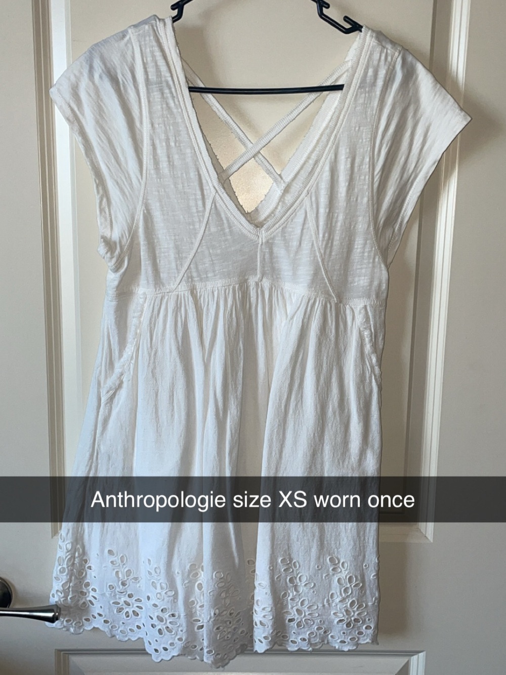 Anthropologie White Eyelet V-Neck Dress with Crisscross Back